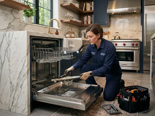 Appliance Repair Hero technician servicing a built-in dishwasher in a Blackfoot, ID kitchen