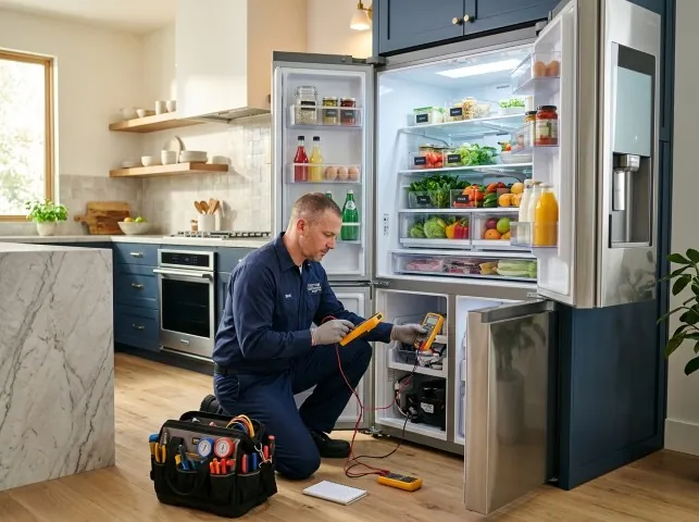Appliance Repair Hero refrigerator technician testing a fridge on a Blackfoot, ID service call